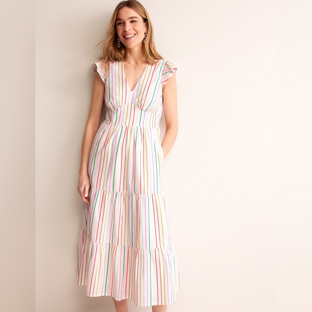Boden May Cotton Midi Tea Dress Rainbow Seersucker Stripe Size 2